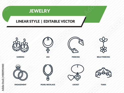 jewelry icons set - earring, anj, piercing, locket, tiara outline vector collection.