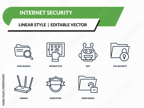 internet security icons set - data search, interactive, bot, gdpr shield, data unclocked outline vector collection.