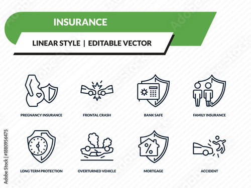 insurance icons set - pregnancy insurance, frontal crash, bank safe, mortgage, accident outline vector collection.