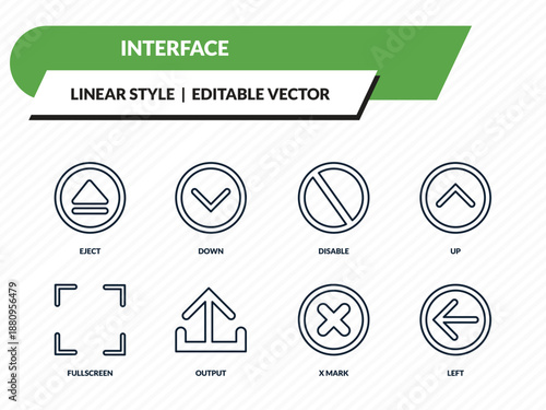 interface icons set - eject, down, disable, x mark, left outline vector collection.