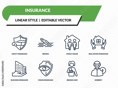 insurance icons set - safety insurance, drown, family house, broken arm, robbery outline vector collection.