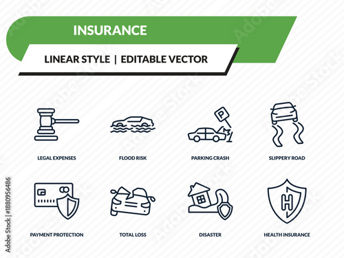 insurance icons set - legal expenses, flood risk, parking crash, disaster, health insurance outline vector collection.