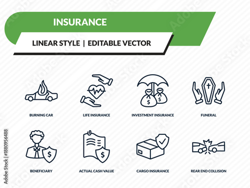 insurance icons set - burning car, life insurance, investment insurance, cargo rear end collision outline vector collection.