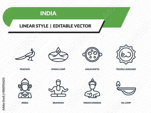 india icons set - peacock, diwali lamp, malai kofta, indian goddess, oil lamp outline vector collection.