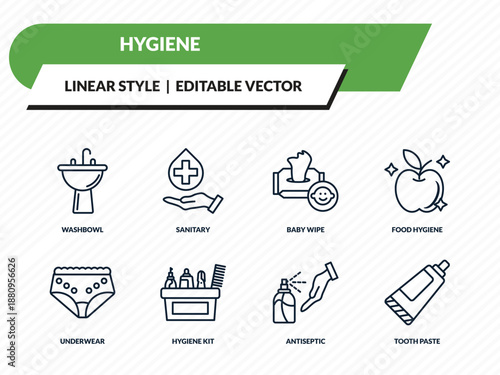 hygiene icons set - washbowl, sanitary, baby wipe, antiseptic, tooth paste outline vector collection.