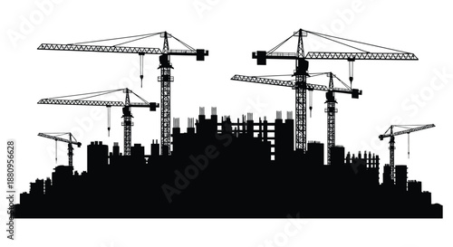 A striking depiction of construction cranes towering over a developing cityscape rendered as a bold black silhouette high quality professional detailed
