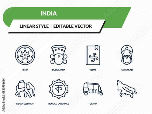 india icons set - bihu, durga puja, vedas, tuk tuk, outline vector collection.