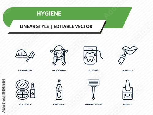 hygiene icons set - shower cap, face washer, flossing, shaving razor, varnish outline vector collection.