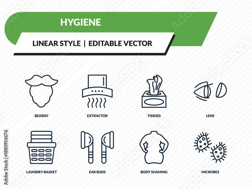 hygiene icons set - beardy, extractor, tissues, body shaming, microbes outline vector collection.