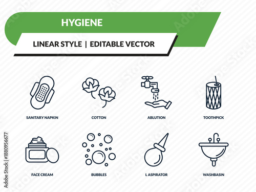hygiene icons set - sanitary napkin, cotton, ablution, l aspirator, washbasin outline vector collection.