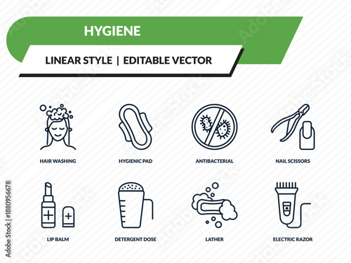 hygiene icons set - hair washing, hygienic pad, antibacterial, lather, electric razor outline vector collection.