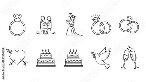 Wedding and celebration icons isolated on white background, Vector