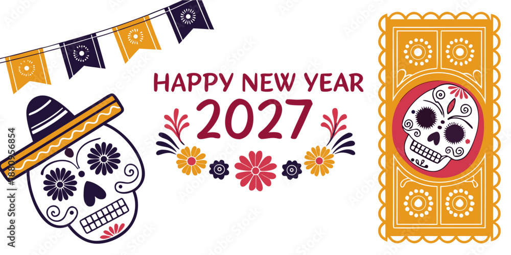 Naklejka premium Happy New Year 2027 – Festive Cultural Fusion Art, Dia De Los Muertos Style Illustration & Holiday Greeting Design