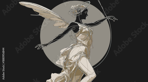Stylized winged female figure with bow and arrow, elegant silhouette. Classical goddess art representing strength, grace, and aspiration.