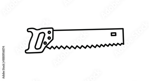 A simple black and white illustration depicts a hand saw with a distinct outline presented as a stark silhouette high quality