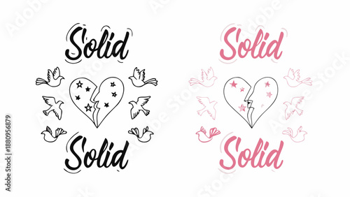 Broken heart with birds and stars tattoo design elements