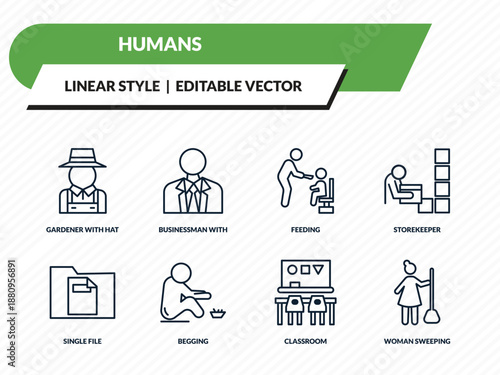 humans icons set - gardener with hat, businessman with tie, feeding, classroom, woman sweeping outline vector collection.