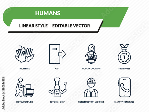 humans icons set - high five, out, woman cooking, construction worker, smartphone call outline vector collection.