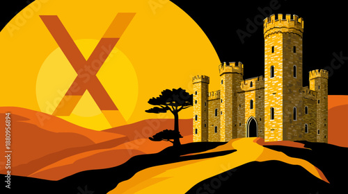 Majestic fantasy castle with towers on a desert hill under a golden setting sun, featuring an 'X' mark and winding path. Adventure vector illustration.