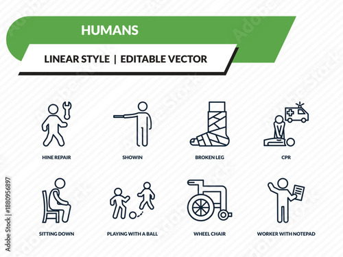 humans icons set - hine repair, showin, broken leg, wheel chair, worker with notepad outline vector collection.