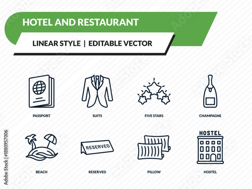 hotel and restaurant icons set - passport, suits, five stars, pillow, hostel outline vector collection.