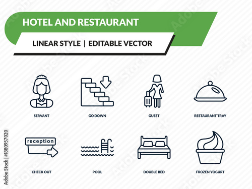 hotel and restaurant icons set - servant, go down, guest, double bed, frozen yogurt outline vector collection.