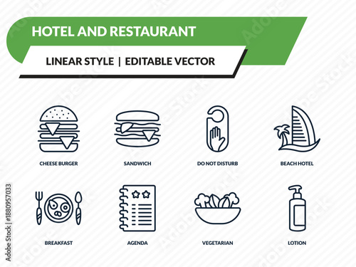 hotel and restaurant icons set - cheese burger, sandwich, do not disturb, vegetarian, lotion outline vector collection.
