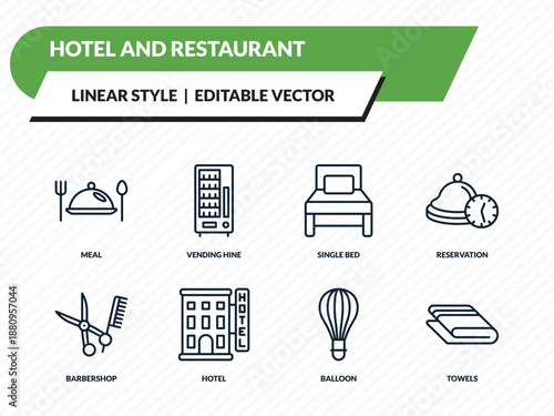 hotel and restaurant icons set - meal, vending hine, single bed, balloon, towels outline vector collection.