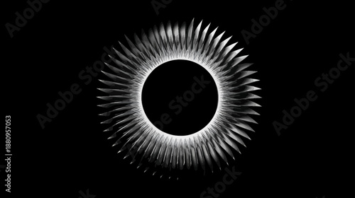 Stylized solar eclipse or sun corona with radiant white light on dark black background, abstract digital art concept