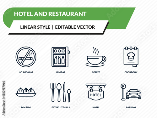 hotel and restaurant icons set - no smoking, minibar, coffee, hotel, parking outline vector collection.