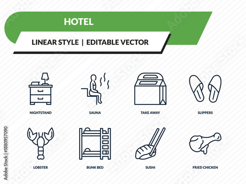 hotel icons set - nightstand, sauna, take away, sushi, fried chicken outline vector collection.