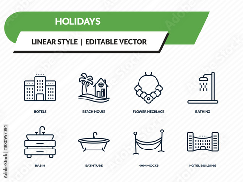 holidays icons set - hotels, beach house, flower necklace, hammocks, hotel building outline vector collection.
