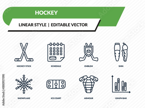 hockey icons set - hockey stick, schedule, emblem, armour, graph bar outline vector collection.