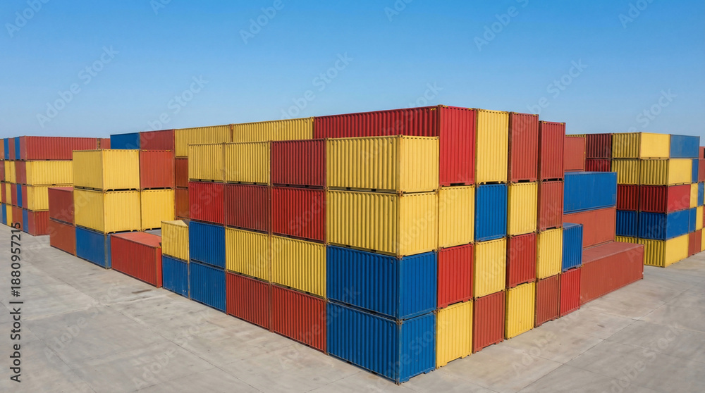 Fototapeta premium Shipping Containers, Brightly Colored Cargo Stacked High in a Port Terminal, Symbolizing Global Trade and Efficient Logistics