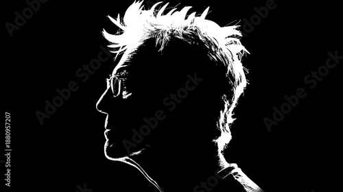 Dramatic white silhouette profile of an adult person with glasses and spiky hair against a stark black background, high contrast portrait