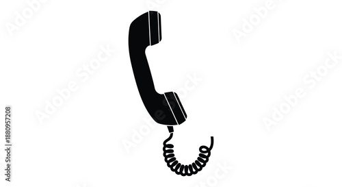a simple black telephone handset with a coiled cord is displayed against a white background emphasizing modern communication technology silhouette