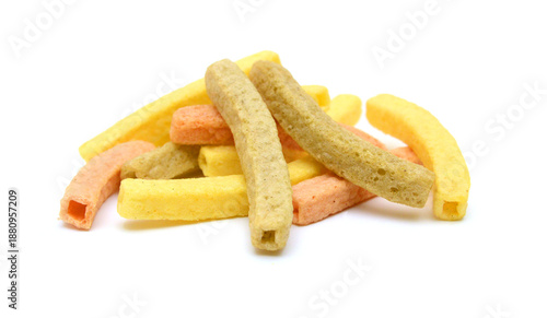 Naturally Baked Veggie Straws Made From Tomatoes, Spinach and Potatoes on white background 