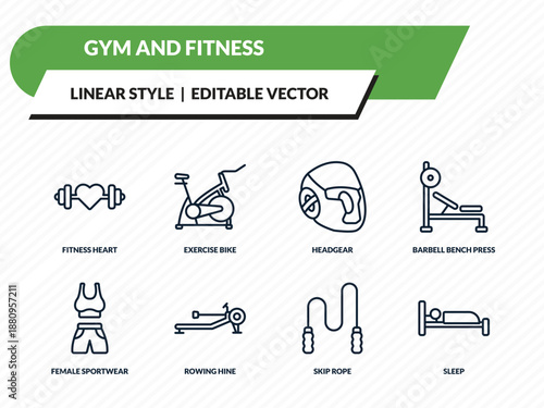 gym and fitness icons set - fitness heart, exercise bike, headgear, skip rope, sleep outline vector collection.