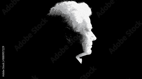Striking abstract profile of an older man's head with luminous white hair against a stark black background, artistic and contemplative.