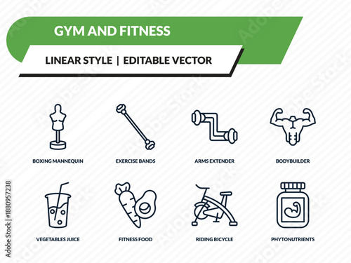 gym and fitness icons set - boxing mannequin, exercise bands, arms extender, riding bicycle, phytonutrients outline vector collection.