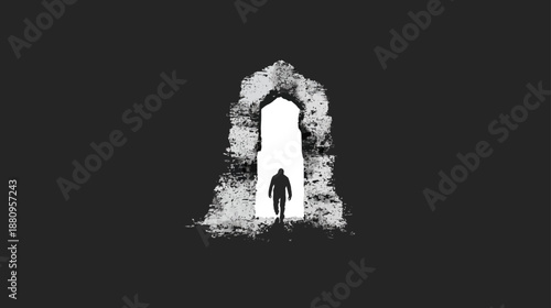 Lone silhouette of a person in a glowing, grunge-style archway. Conceptual image of a journey into light, mystery, and the unknown.