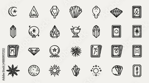 Elegant Mystical Esoteric Line Art Icon Set. Hand-Drawn Celestial, Crystal, Fortune Telling & Spiritual Symbols