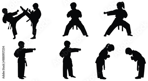 A dynamic collection of martial arts poses depicted in stark black forms capturing the essence of movement and discipline silhouette