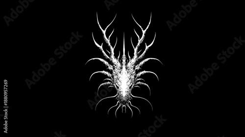 Dark fantasy creature illustration with large antlers and intricate insectoid features on a black background. Mythological design.