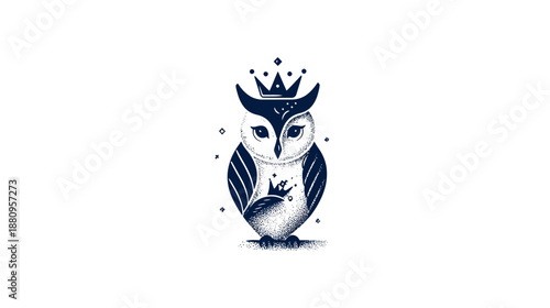 Mystical royal owl illustration with crown and stars, elegant wise bird emblem, majestic night creature logo design