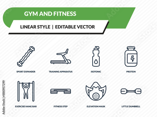 gym and fitness icons set - sport expander, training apparatus, isotonic, elevation mask, little dumbbell outline vector collection.
