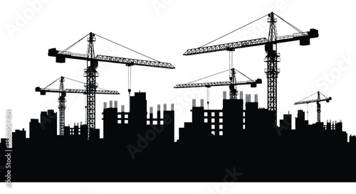 A striking black and white cityscape features multiple construction cranes towering over building structures creating a dramatic silhouette high quality professional