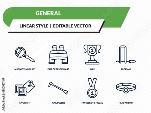 general icons set - magnifiying glass, pair of binoculars, win, number one medal, head mirror outline vector collection.