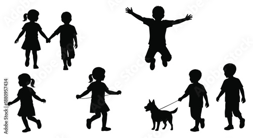 A playful scene depicts children enjoying themselves with a dog captured in a striking black and white silhouette high quality professional