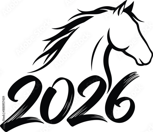 A tribal black stallion silhouette and wild mustang head vector illustration for the year of the horse 2026 animal design
